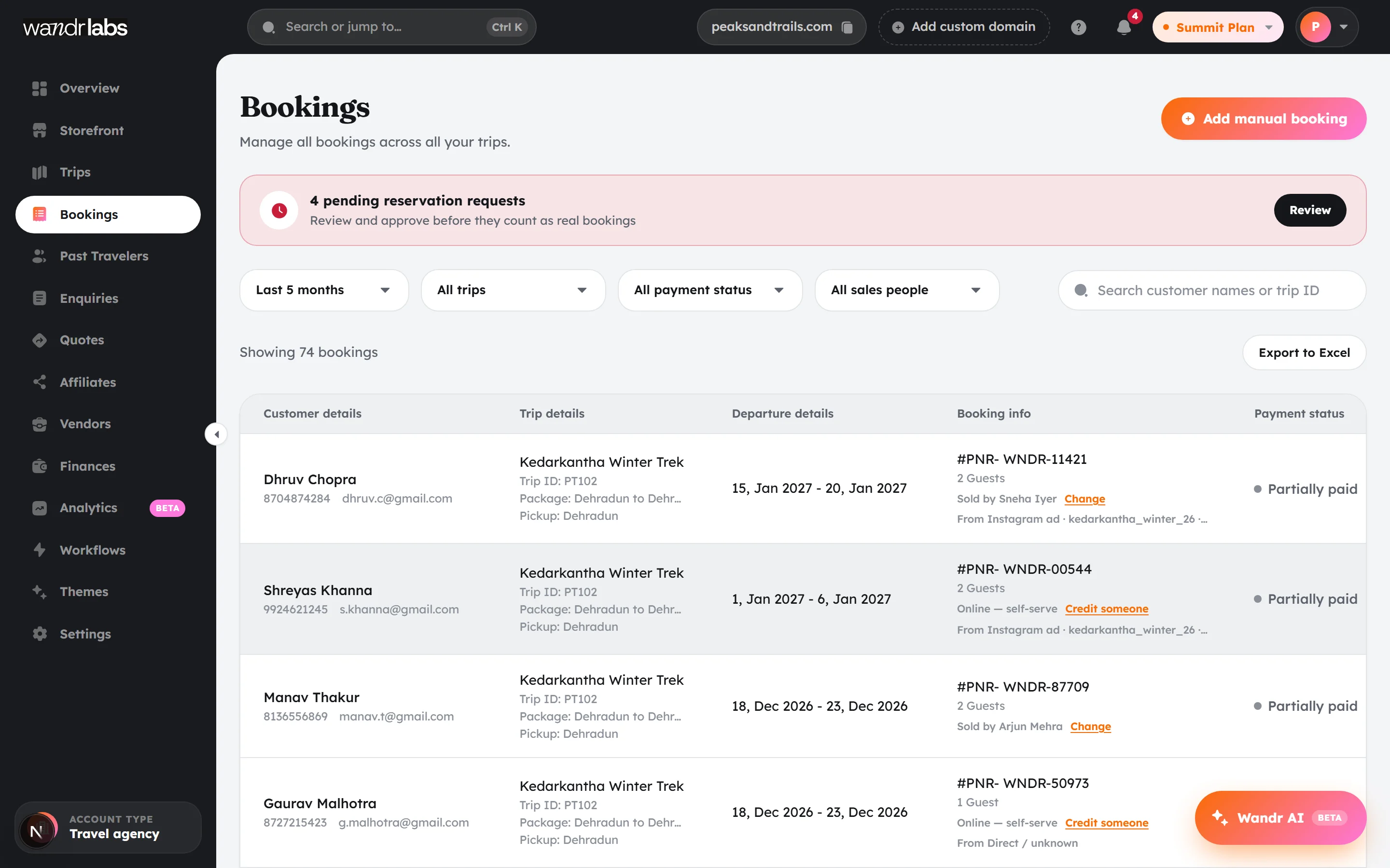 The bookings screen with travellers and payment status