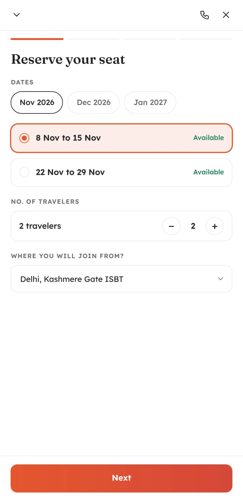 The booking screen on a phone